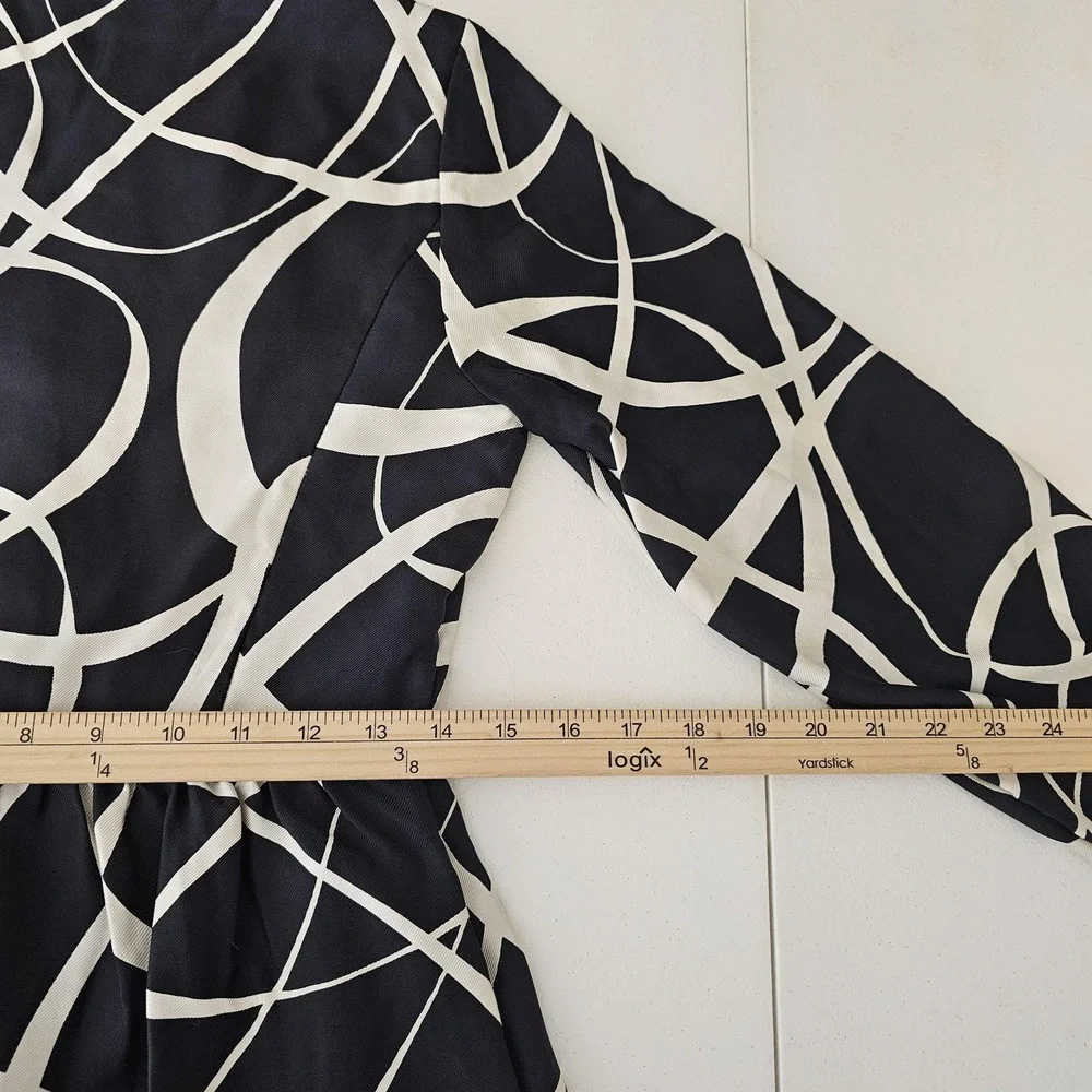 J Crew Dress Womens Size 10 Black White Silk‎ Ruffle Collar Abstract Print HO07